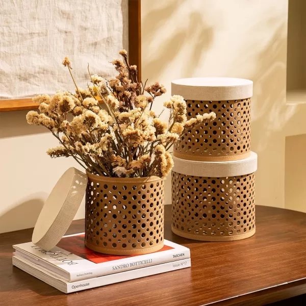 LA JOLIE MUSE Decorative Round Storage Boxes Set of 3, Polka Dot Cutout Baskets with Lids, Desktop Storage Organizer, Gift Baskets with Linen Paper Lids, Brown Baskets, Beige Lids