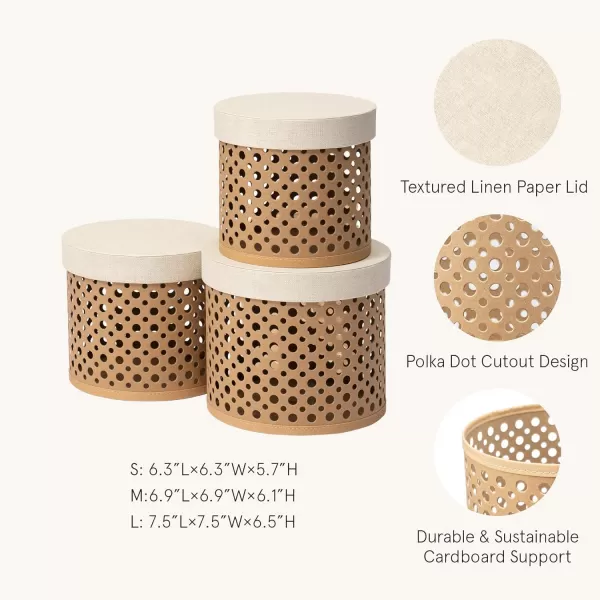 LA JOLIE MUSE Decorative Round Storage Boxes Set of 3, Polka Dot Cutout Baskets with Lids, Desktop Storage Organizer, Gift Baskets with Linen Paper Lids, Brown Baskets, Beige Lids