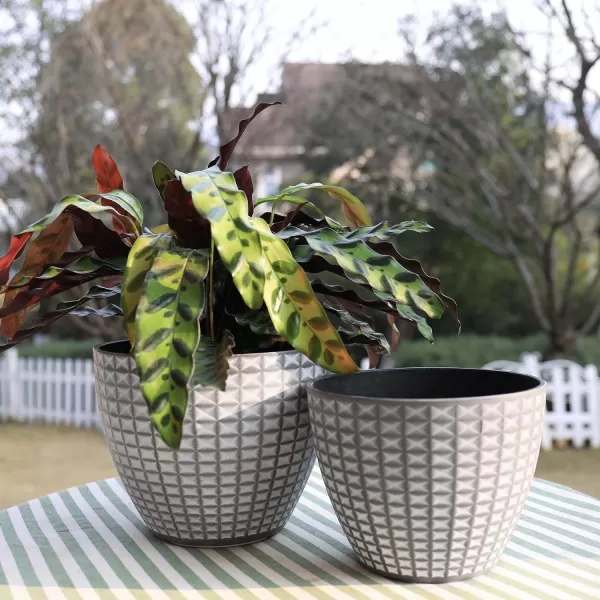 LA JOLIE MUSE Flower Pots Outdoor Indoor, Garden Planters, Modern Chic Planters with White Geometric Mosaic Texture Patterns, Set of 2, Matte White 