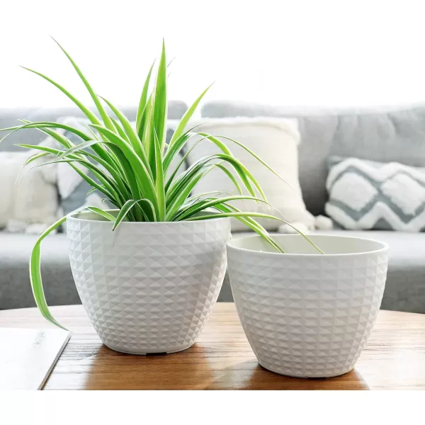 LA JOLIE MUSE Flower Pots Outdoor Indoor, Garden Planters, Modern Chic Planters with White Geometric Mosaic Texture Patterns, Set of 2, Matte White 