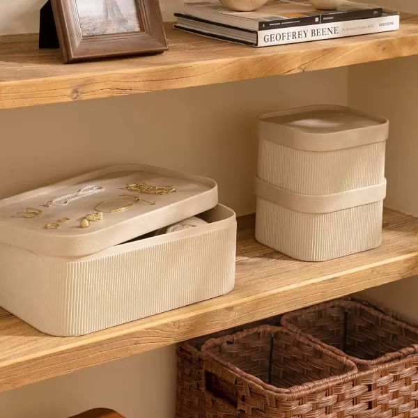 LA JOLIE MUSE Fluted Cardboard Storage Baskets with Leather-Like Lids, Paper Boxes Decorative Tray, Modern Basket Organizer Bins for Jewelry Shelve Bathroom Bedroom Organizing,Black, Set of 3