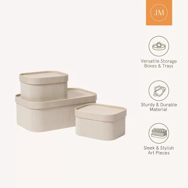 LA JOLIE MUSE Fluted Cardboard Storage Baskets with Leather-Like Lids, Paper Boxes Decorative Tray, Modern Basket Organizer Bins for Jewelry Shelve Bathroom Bedroom Organizing,Black, Set of 3