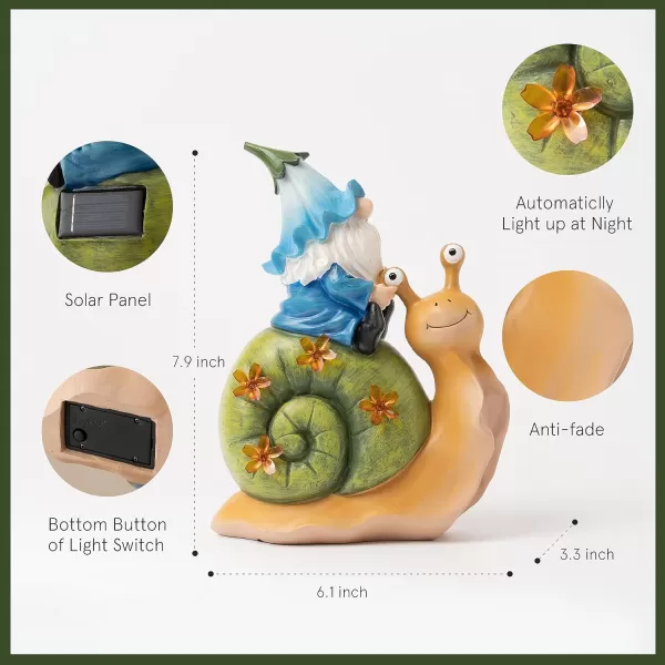 LA JOLIE MUSE Garden Gnomes Statue -8'' Resin Garden Snail with Gnome Figurine with Solar LED Lights, Outdoor Decoration for Patio Yard Lawn Porch, Garden Gifts for Mom, Ornament