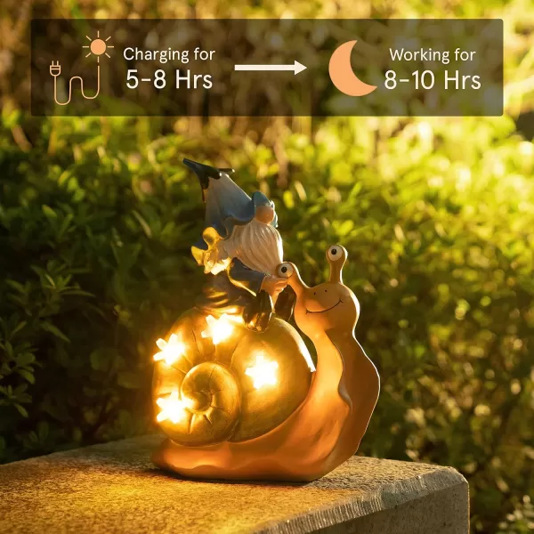 LA JOLIE MUSE Garden Gnomes Statue -8'' Resin Garden Snail with Gnome Figurine with Solar LED Lights, Outdoor Decoration for Patio Yard Lawn Porch, Garden Gifts for Mom, Ornament