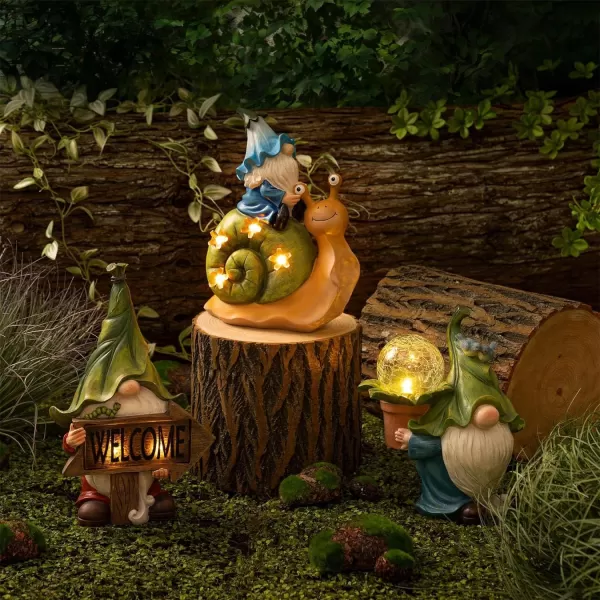 LA JOLIE MUSE Garden Gnomes Statue -8'' Resin Garden Snail with Gnome Figurine with Solar LED Lights, Outdoor Decoration for Patio Yard Lawn Porch, Garden Gifts for Mom, Ornament