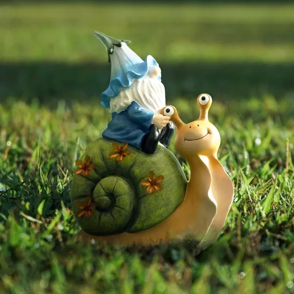LA JOLIE MUSE Garden Gnomes Statue -8'' Resin Garden Snail with Gnome Figurine with Solar LED Lights, Outdoor Decoration for Patio Yard Lawn Porch, Garden Gifts for Mom, Ornament