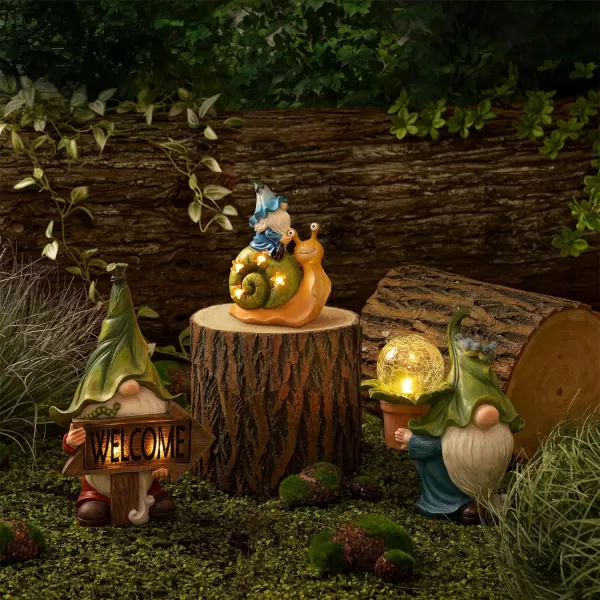 LA JOLIE MUSE Garden Gnomes Statue -8'' Resin Garden Snail with Gnome Figurine with Solar LED Lights, Outdoor Decoration for Patio Yard Lawn Porch, Garden Gifts for Mom, Ornament