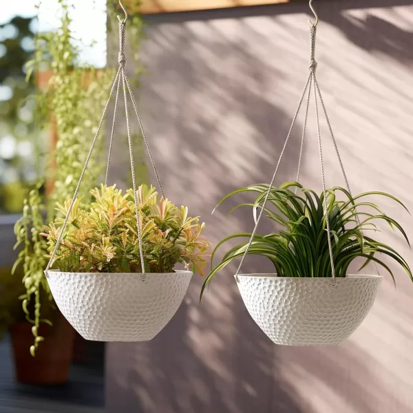 LA JOLIE MUSE Hanging Planters for Outdoor Plants, Large Hanging Planter with Drain Holes, Outdoor Hanging Flower Pots, White Stone, Honeycomb 