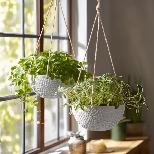 LA JOLIE MUSE Hanging Planters for Outdoor Plants, Large Hanging Planter with Drain Holes, Outdoor Hanging Flower Pots, White Stone, Honeycomb 