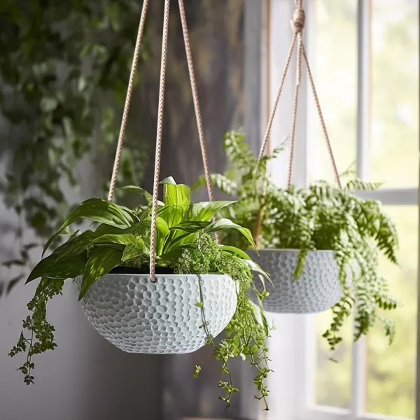 LA JOLIE MUSE Hanging Planters for Outdoor Plants, Large Hanging Planter with Drain Holes, Outdoor Hanging Flower Pots, White Stone, Honeycomb 