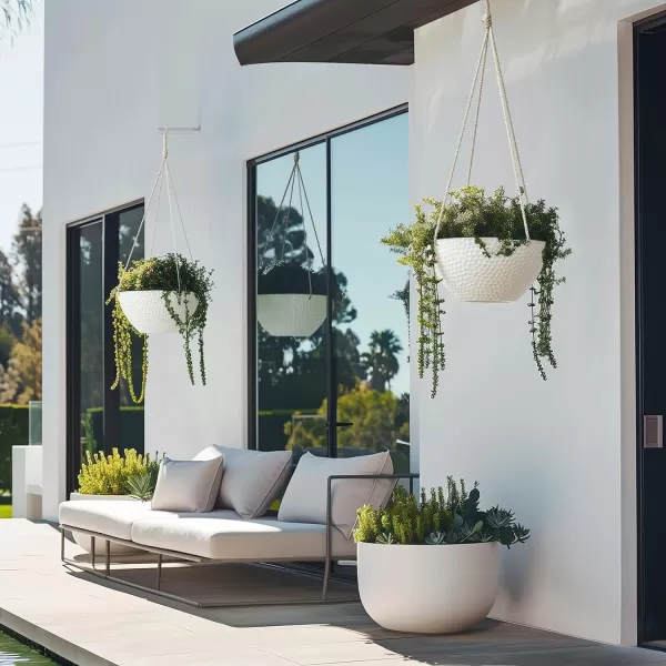 LA JOLIE MUSE Hanging Planters for Outdoor Plants, Large Hanging Planter with Drain Holes, Outdoor Hanging Flower Pots, White Stone, Honeycomb 