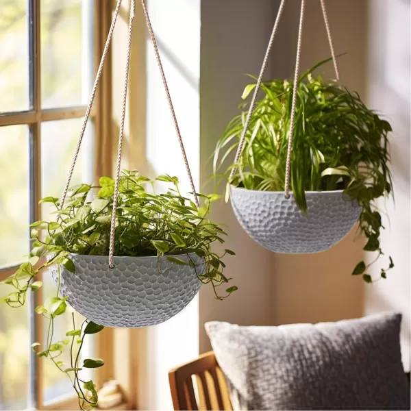 LA JOLIE MUSE Hanging Planters for Outdoor Plants, Large Hanging Planter with Drain Holes, Outdoor Hanging Flower Pots, White Stone, Honeycomb 