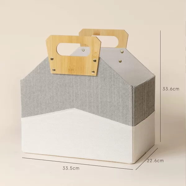 LA JOLIE MUSE Modern Magazine Rack Storage Basket Set of 2, Chic Tweed Fabric Magazine Holder Basket, Urban Style Multipurpose Organizer with Bamboo Handles, Light Gray &amp; White Color
