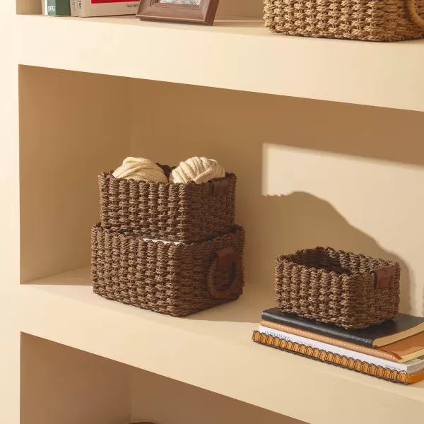 LA JOLIE MUSE Paper Rope Storage Baskets for Organizing, Recycled Wicker Storage Basket Container Bins for Shelves Cupboards Drawer, Small Woven Basket Set of 3 