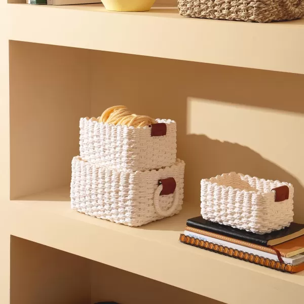 LA JOLIE MUSE Paper Rope Storage Baskets for Organizing, Recycled Wicker Storage Basket Container Bins for Shelves Cupboards Drawer, Small Woven Basket Set of 3 