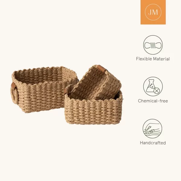 LA JOLIE MUSE Paper Rope Storage Baskets for Organizing, Recycled Wicker Storage Basket Container Bins for Shelves Cupboards Drawer, Small Woven Basket Set of 3 