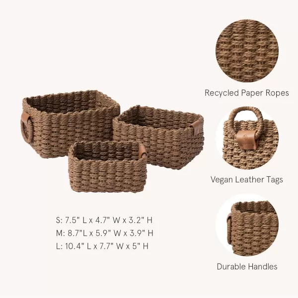 LA JOLIE MUSE Paper Rope Storage Baskets for Organizing, Recycled Wicker Storage Basket Container Bins for Shelves Cupboards Drawer, Small Woven Basket Set of 3 