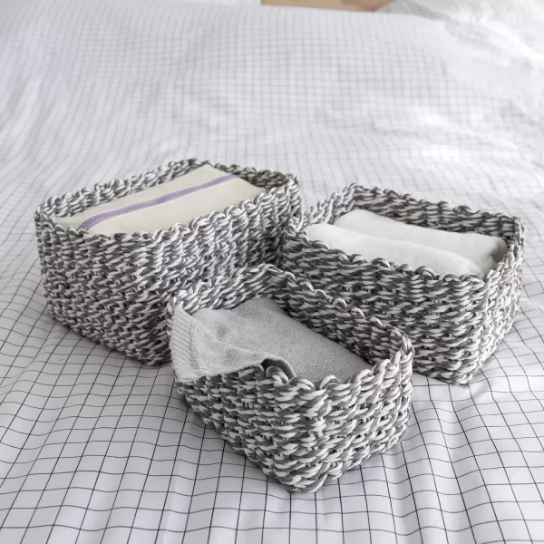 LA JOLIE MUSE Paper Rope Storage Baskets for Organizing, Recycled Wicker Storage Basket Container Bins for Shelves Cupboards Drawer, Small Woven Basket Set of 3 