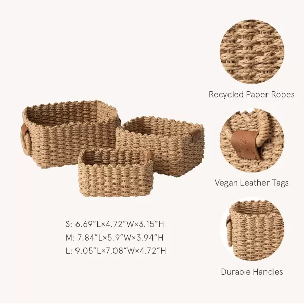 LA JOLIE MUSE Paper Rope Storage Baskets for Organizing, Recycled Wicker Storage Basket Container Bins for Shelves Cupboards Drawer, Small Woven Basket Set of 3 