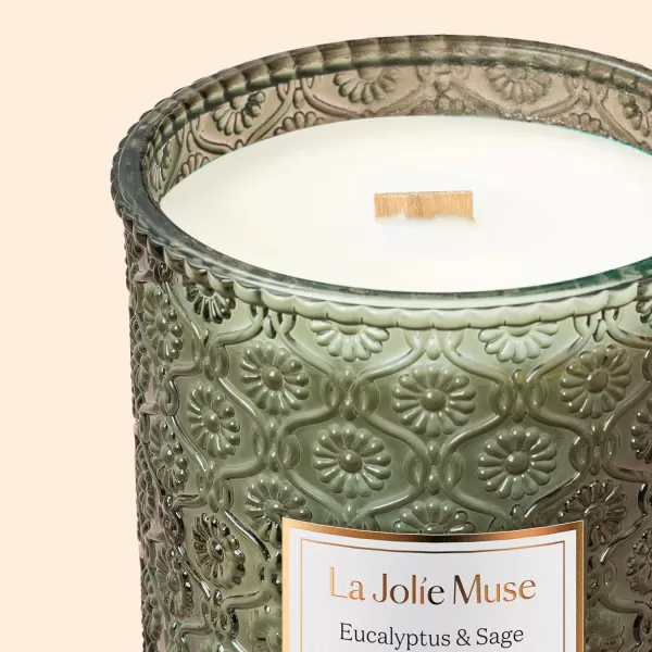 LA JOLIE MUSE Scented Candles Eucalyptus &amp; Sage, Large Wood Wicked Candles, Decorative Candles in Glass, Natural Soy Wax, 19.4oz 90hours