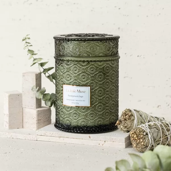 LA JOLIE MUSE Scented Candles Eucalyptus &amp; Sage, Large Wood Wicked Candles, Decorative Candles in Glass, Natural Soy Wax, 19.4oz 90hours
