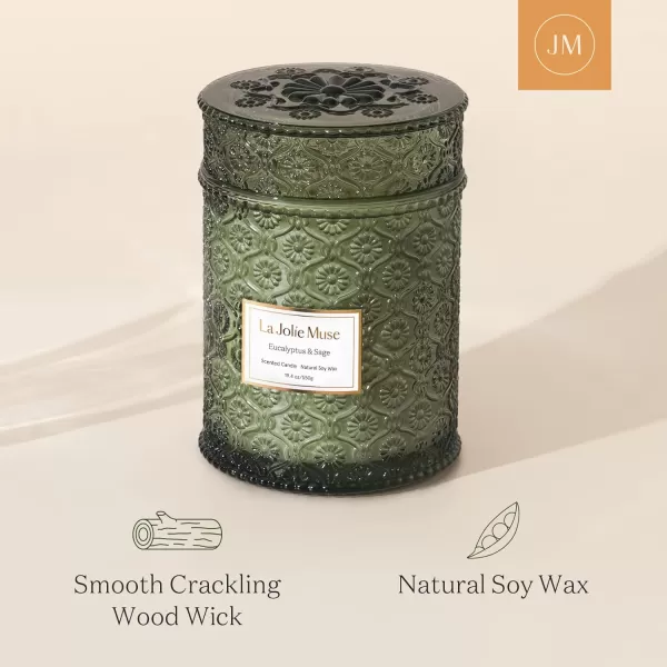 LA JOLIE MUSE Scented Candles Eucalyptus &amp; Sage, Large Wood Wicked Candles, Decorative Candles in Glass, Natural Soy Wax, 19.4oz 90hours