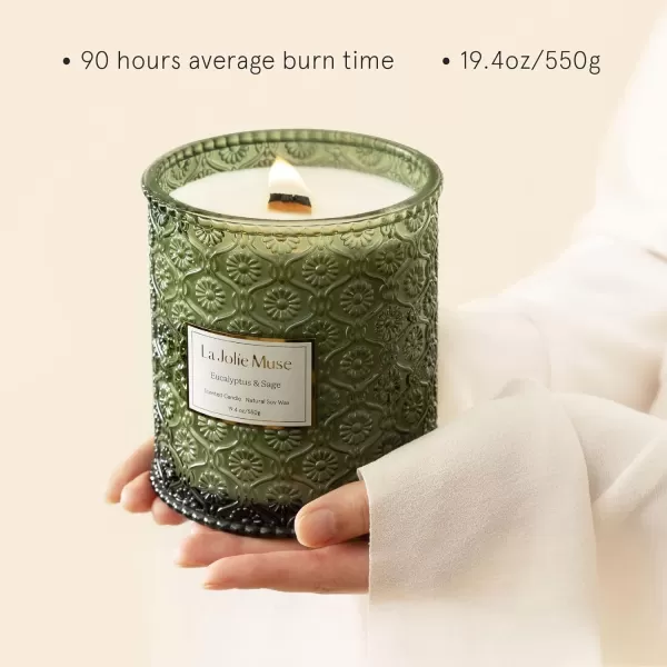 LA JOLIE MUSE Scented Candles Eucalyptus &amp; Sage, Large Wood Wicked Candles, Decorative Candles in Glass, Natural Soy Wax, 19.4oz 90hours