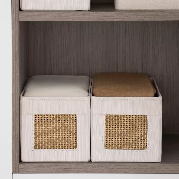 LA JOLIE MUSE Small Foldable Storage Bins, Fabric Storage Bins with Paper Mesh, Storage Baskets for Organizing, Decorative Storage Boxes with Dual Handles, Decorative Storage Boxes, Set of 3, Beige