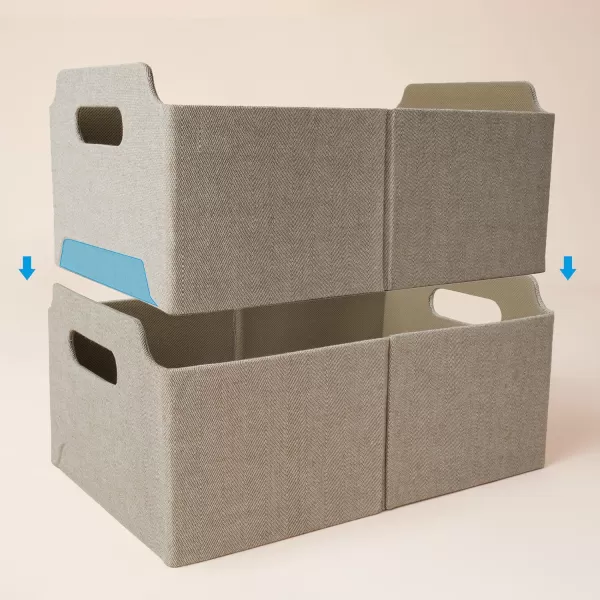 LA JOLIE MUSE Stackable Storage Baskets for Shelves, Foldable Rectangle Basket Set of 2 for Toys Makeup Books Closet Organizing, Modern Tweed Fabric, Khaki