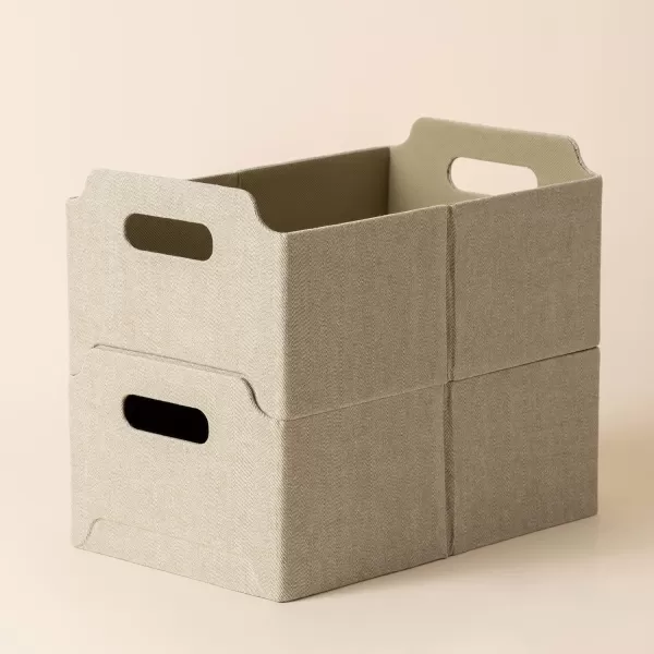 LA JOLIE MUSE Stackable Storage Baskets for Shelves, Foldable Rectangle Basket Set of 2 for Toys Makeup Books Closet Organizing, Modern Tweed Fabric, Khaki
