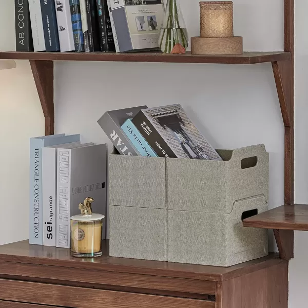 LA JOLIE MUSE Stackable Storage Baskets for Shelves, Foldable Rectangle Basket Set of 2 for Toys Makeup Books Closet Organizing, Modern Tweed Fabric, Khaki