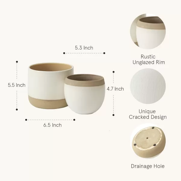 LA JOLIE MUSE White Ceramic Flower Pot Garden Planters 6.7 Inch Pack 2 Indoor Plant Containers with Gold and Grey Detailing