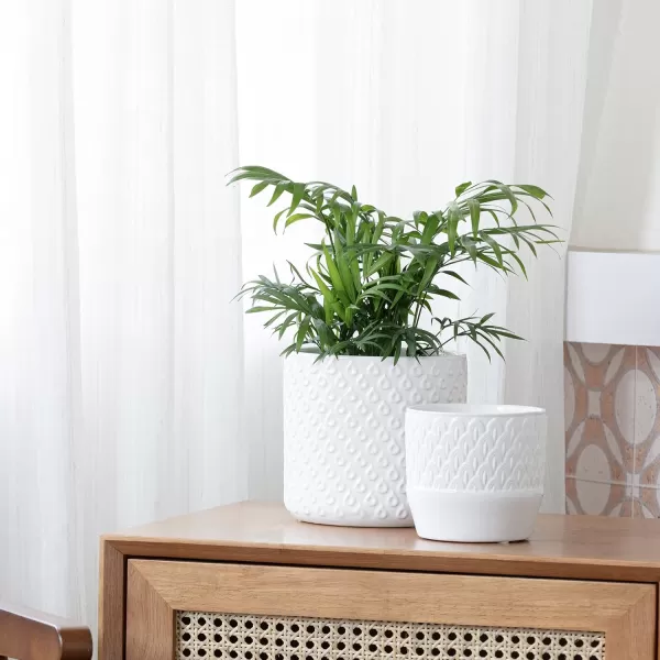 LA JOLIE MUSE White Ceramic Flower Pot Garden Planters 6.7 Inch Pack 2 Indoor Plant Containers with Gold and Grey Detailing