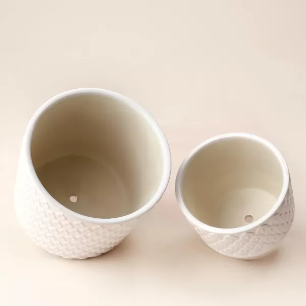 LA JOLIE MUSE White Ceramic Flower Pot Garden Planters 6.7 Inch Pack 2 Indoor Plant Containers with Gold and Grey Detailing