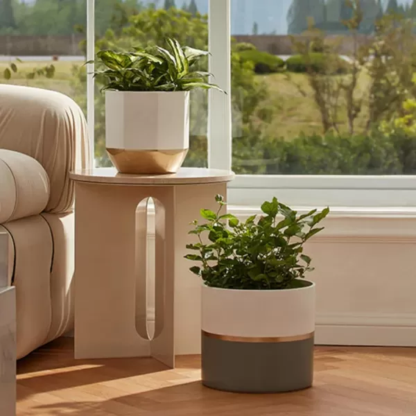 LA JOLIE MUSE White Ceramic Flower Pot Garden Planters 6.7 Inch Pack 2 Indoor Plant Containers with Gold and Grey Detailing