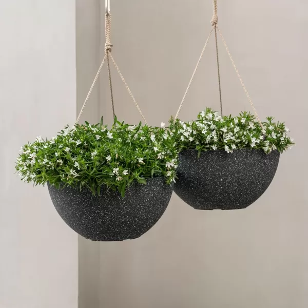 LA Jolie Muse Hanging Planters for Outdoor Plants - 10 Inch Indoor Flower Pots with Drainage, Plants Pots, Speckled-Black, Set of 2