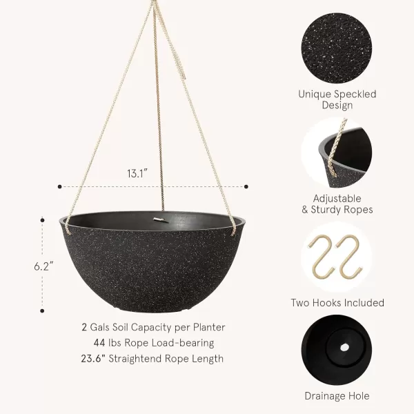 LA Jolie Muse Hanging Planters for Outdoor Plants - 10 Inch Indoor Flower Pots with Drainage, Plants Pots, Speckled-Black, Set of 2