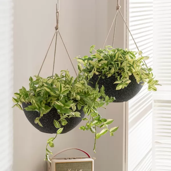 LA Jolie Muse Hanging Planters for Outdoor Plants - 10 Inch Indoor Flower Pots with Drainage, Plants Pots, Speckled-Black, Set of 2
