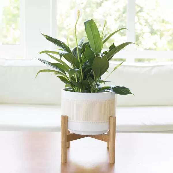 LA Jolie Muse White Planter with Stand,Mid Century Planters for Indoor Plants,Ceramic Plant Pot with Stand - 8 Inch Unique Modern Flower Pots Indoor with Drainage Holes