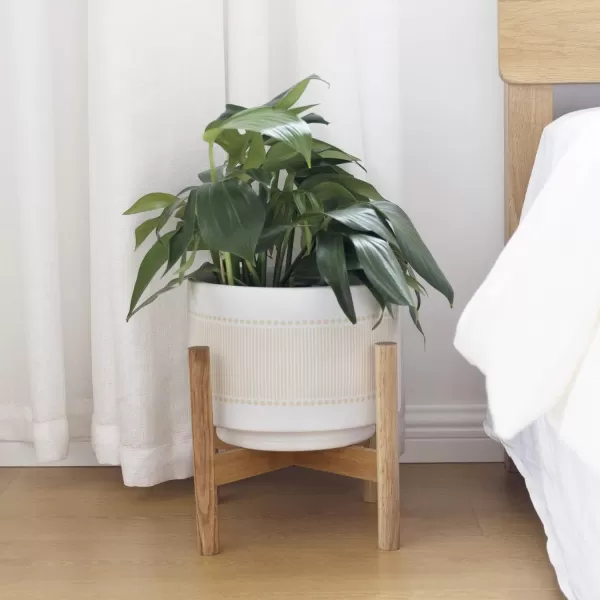 LA Jolie Muse White Planter with Stand,Mid Century Planters for Indoor Plants,Ceramic Plant Pot with Stand - 8 Inch Unique Modern Flower Pots Indoor with Drainage Holes