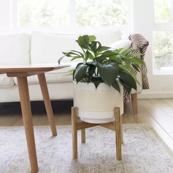 LA Jolie Muse White Planter with Stand,Mid Century Planters for Indoor Plants,Ceramic Plant Pot with Stand - 8 Inch Unique Modern Flower Pots Indoor with Drainage Holes
