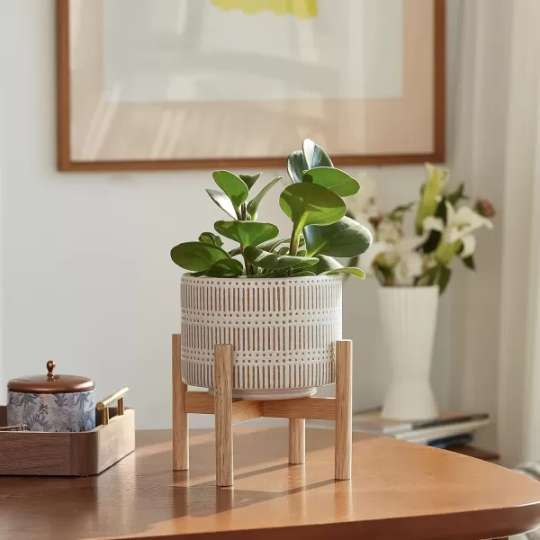 LA Jolie Muse White Planter with Stand,Mid Century Planters for Indoor Plants,Ceramic Plant Pot with Stand - 8 Inch Unique Modern Flower Pots Indoor with Drainage Holes