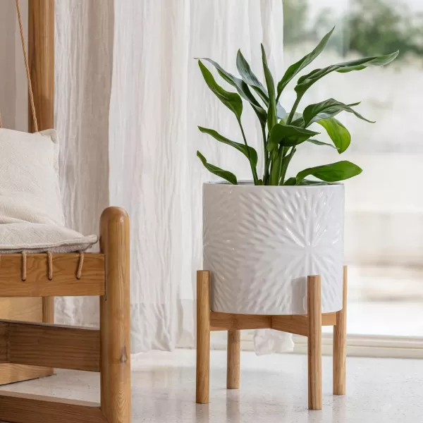 LA Jolie Muse White Planter with Stand,Mid Century Planters for Indoor Plants,Ceramic Plant Pot with Stand - 8 Inch Unique Modern Flower Pots Indoor with Drainage Holes
