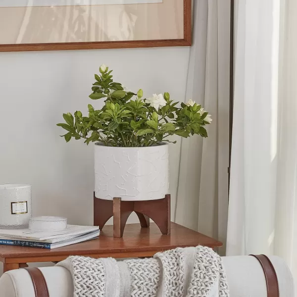 LA Jolie Muse White Planter with Stand,Mid Century Planters for Indoor Plants,Ceramic Plant Pot with Stand - 8 Inch Unique Modern Flower Pots Indoor with Drainage Holes