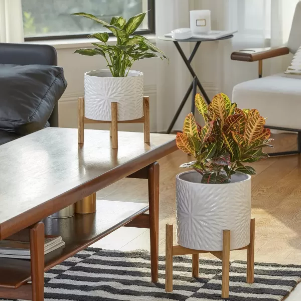 LA Jolie Muse White Planter with Stand,Mid Century Planters for Indoor Plants,Ceramic Plant Pot with Stand - 8 Inch Unique Modern Flower Pots Indoor with Drainage Holes