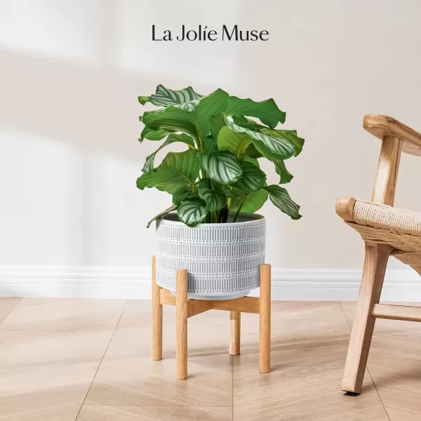 LA Jolie Muse White Planter with Stand,Mid Century Planters for Indoor Plants,Ceramic Plant Pot with Stand - 8 Inch Unique Modern Flower Pots Indoor with Drainage Holes