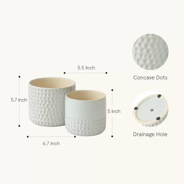 La Jolie Muse Ceramic Planter Flower Plant Pots- 6.7+5.5 Inch Concave Dot Patterned Cylinder Flower Pot W/ Drain Hole for Indoor, Set of 2, Ivory