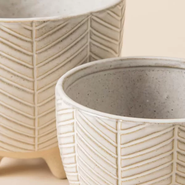 La Jolie Muse Ceramic Planter Flower Plant Pots- 6.7+5.5 Inch Concave Dot Patterned Cylinder Flower Pot W/ Drain Hole for Indoor, Set of 2, Ivory