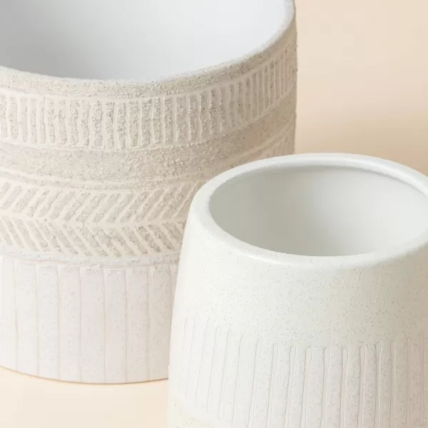 La Jolie Muse Ceramic Planter Flower Plant Pots- 6.7+5.5 Inch Concave Dot Patterned Cylinder Flower Pot W/ Drain Hole for Indoor, Set of 2, Ivory