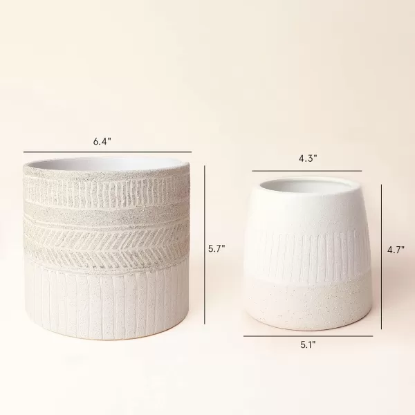 La Jolie Muse Ceramic Planter Flower Plant Pots- 6.7+5.5 Inch Concave Dot Patterned Cylinder Flower Pot W/ Drain Hole for Indoor, Set of 2, Ivory